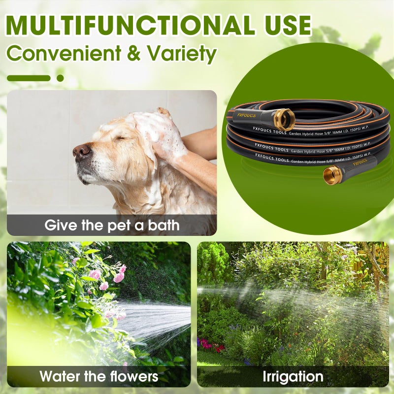 FXFOUCS Heavy Duty Garden Hose â€“ 5/8 Inch Flexible, Lightweight Hybrid Hose with 600 PSI Burst Pressure, Swivel Handle, and Durable Copper Male/Female Fittings (Black, 25FT) - Image 5