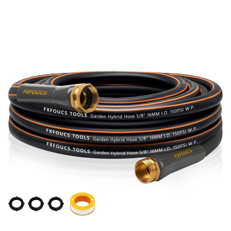 FXFOUCS Heavy Duty Garden Hose â€“ 5/8 Inch Flexible, Lightweight Hybrid Hose with 600 PSI Burst Pressure, Swivel Handle, and Durable Copper Male/Female Fittings (Black, 25FT) - Image 1