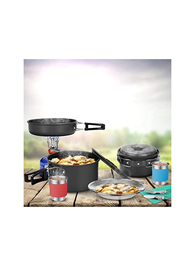 PROMASS طقم أدوات الطهي للتخييم 15 قطعة - مجموعة من الأواني والمقالي غير اللاصقة مع أكواب وصحون وشوك وسكاكين وملاعق من الفولاذ المقاوم للصدأ، طقم الطهي للتخييم، الطهي في الهواء الطلق والنزهات - Image 5