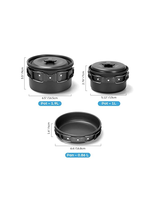 PROMASS طقم أدوات الطهي للتخييم 15 قطعة - مجموعة من الأواني والمقالي غير اللاصقة مع أكواب وصحون وشوك وسكاكين وملاعق من الفولاذ المقاوم للصدأ، طقم الطهي للتخييم، الطهي في الهواء الطلق والنزهات - Image 3