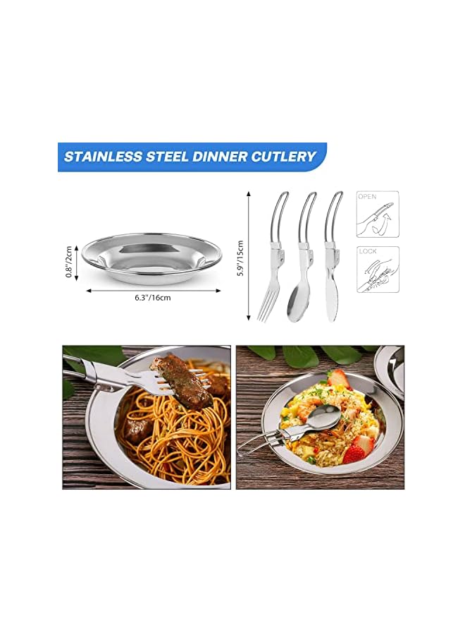 PROMASS طقم أدوات الطهي للتخييم 15 قطعة - مجموعة من الأواني والمقالي غير اللاصقة مع أكواب وصحون وشوك وسكاكين وملاعق من الفولاذ المقاوم للصدأ، طقم الطهي للتخييم، الطهي في الهواء الطلق والنزهات - Image 4