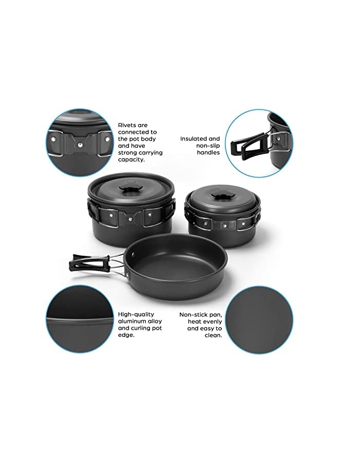 PROMASS طقم أدوات الطهي للتخييم 15 قطعة - مجموعة من الأواني والمقالي غير اللاصقة مع أكواب وصحون وشوك وسكاكين وملاعق من الفولاذ المقاوم للصدأ، طقم الطهي للتخييم، الطهي في الهواء الطلق والنزهات - Image 2