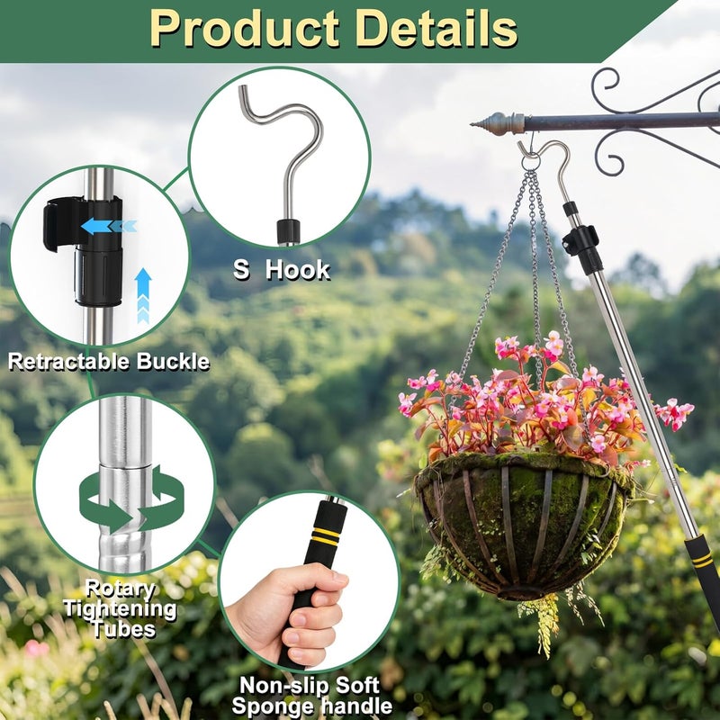 Frebuta Clothes Hanger Reaching Hook,37 to 65Inch Clothes Hook Pole Long Light Hanging Extension Adjustable Clothes Rod Assist Tool Sponge Handle Shutters Pole Ceiling Home Reacher Poles (65in) - Image 3