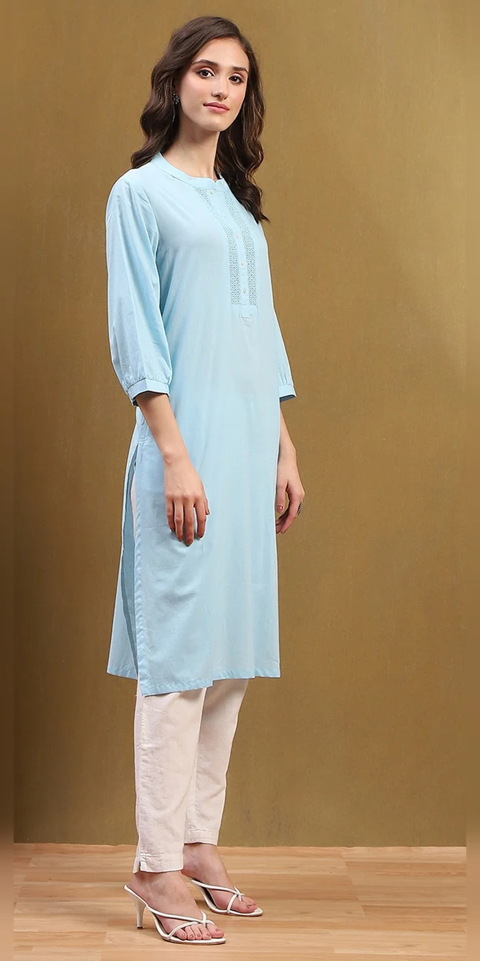 Biba  Women Ice Blue Cotton Solid Regular Fit Straight Kurta  | Best Price UAE