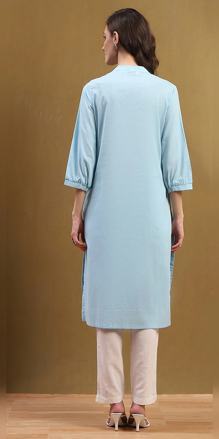 Biba  Women Ice Blue Cotton Solid Regular Fit Straight Kurta  | Best Price UAE