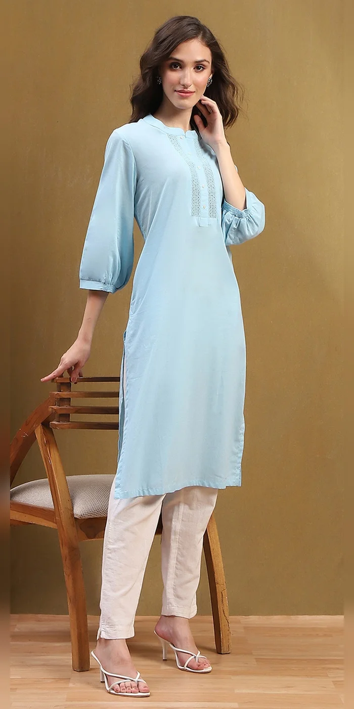 Women Ice Blue Cotton Solid Regular Fit Straight Kurta
