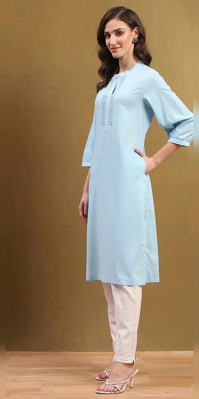Biba  Women Ice Blue Cotton Solid Regular Fit Straight Kurta  | Best Price UAE