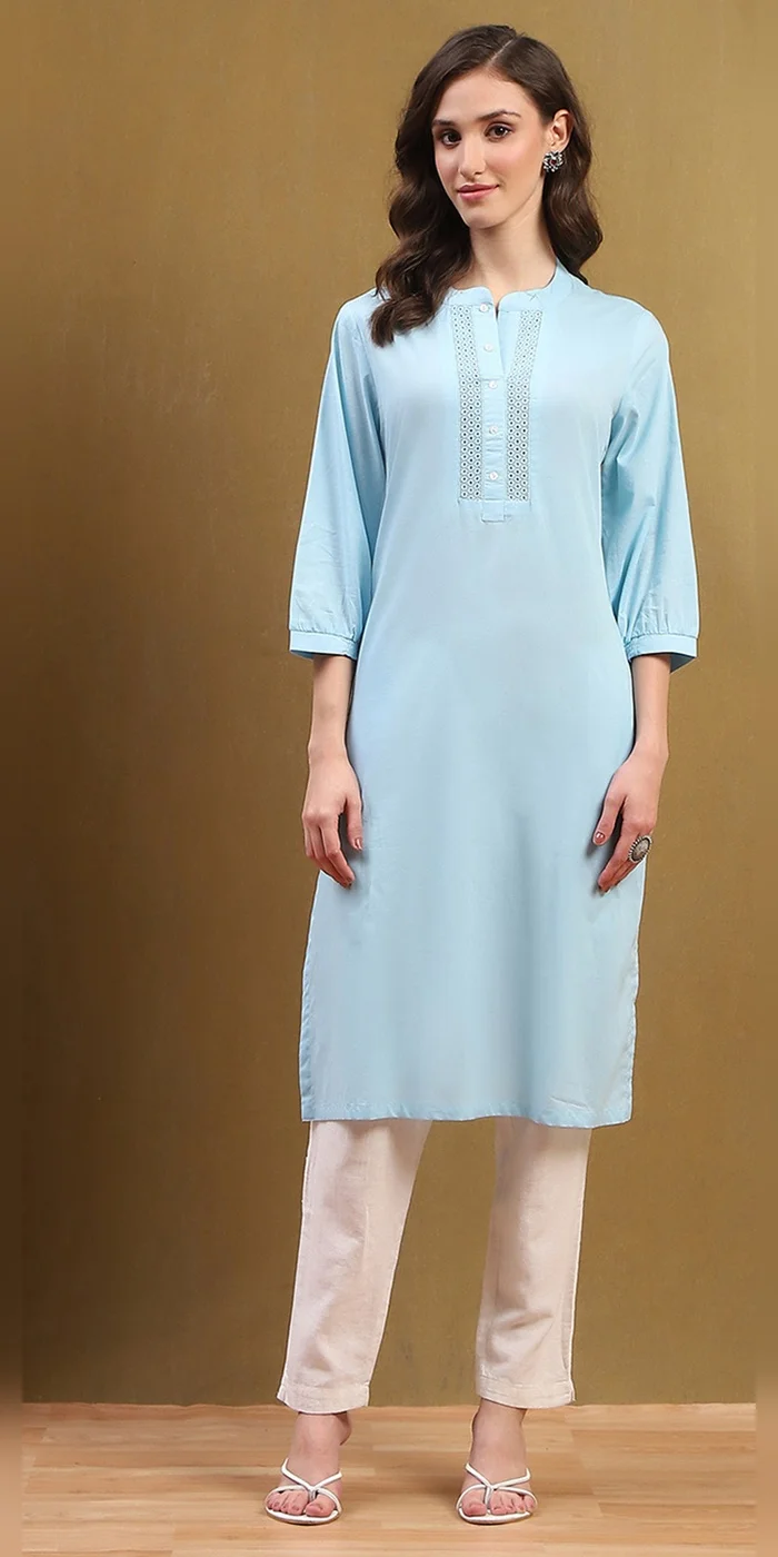Biba  Women Ice Blue Cotton Solid Regular Fit Straight Kurta  | Best Price UAE