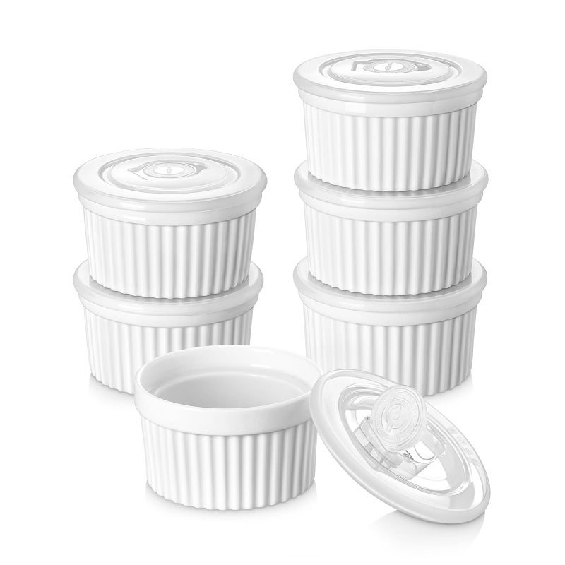vancasso 6 oz Ramekins with Lid, Porcelain Creme Brulee Souffle Dishes, White Pudding Custard Cups Ramiken for Baking, Dishwasher and Oven Safe, Set of 6 - Image 1