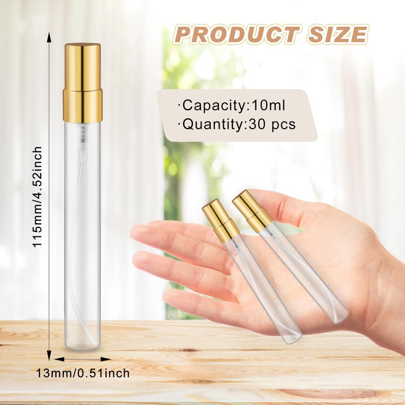 glasstore 30 عبوة زجاجية صغيرة فارغة لرش العطور قابلة لإعادة التعبئة برذاذ ناعم محمولة للسفر زجاجات عينة حاويات للعطور والزيوت الأساسية ومستحضرات التجميل والسوائل (زجاجة شفافة، 10 مل) - Image 2