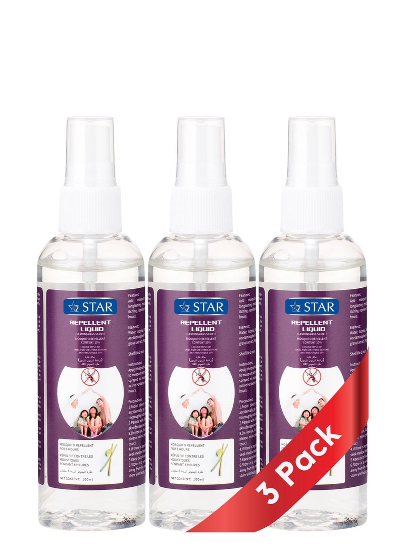 Mosquito Repellant Spray (3 x 100ml) - Deet Free Insects Killer Spray - Bug and Tick Repellent Liquid with Organic Lemongrass & Peppermint Extracts - Indoor Outdoor Mosquito Killer