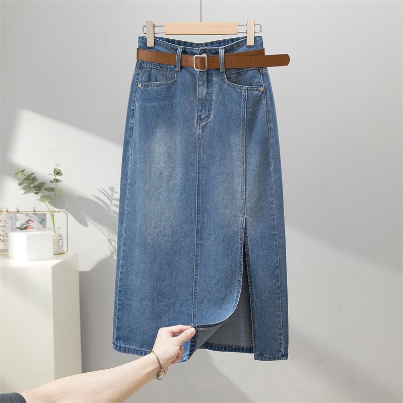 Vintage High Waist A- Line Denim Skirt Womens Spring and Summer New Mid-Length Design Sense Split Long Skirt Hip Skirt Belt - Image 2