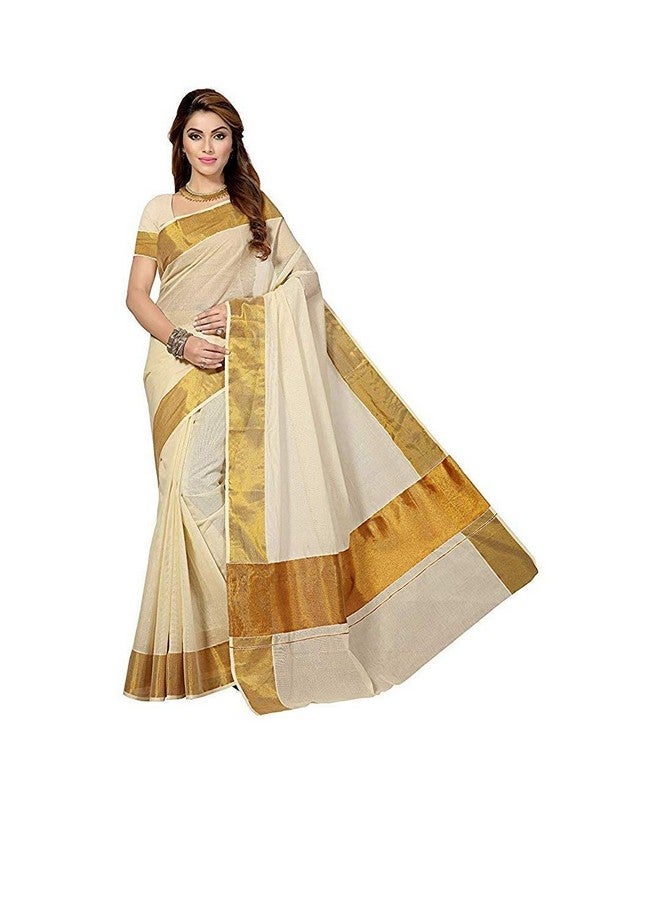 Maxis Women's Kasavu Cotton Silk Blended Saree With Blouse Piece (KRLPLN_BGBDR_Off-White) - Image 1