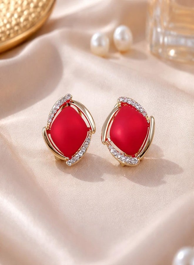 AMAAL Red Crystal Stud Gold Studs Korean Earrings set for Women & Girls | Pearl Moti Earing Western | Stylish Ear Rings Jewellery for woman Accessory | Valentine Gift for Girlfriend couple -273 - Image 3