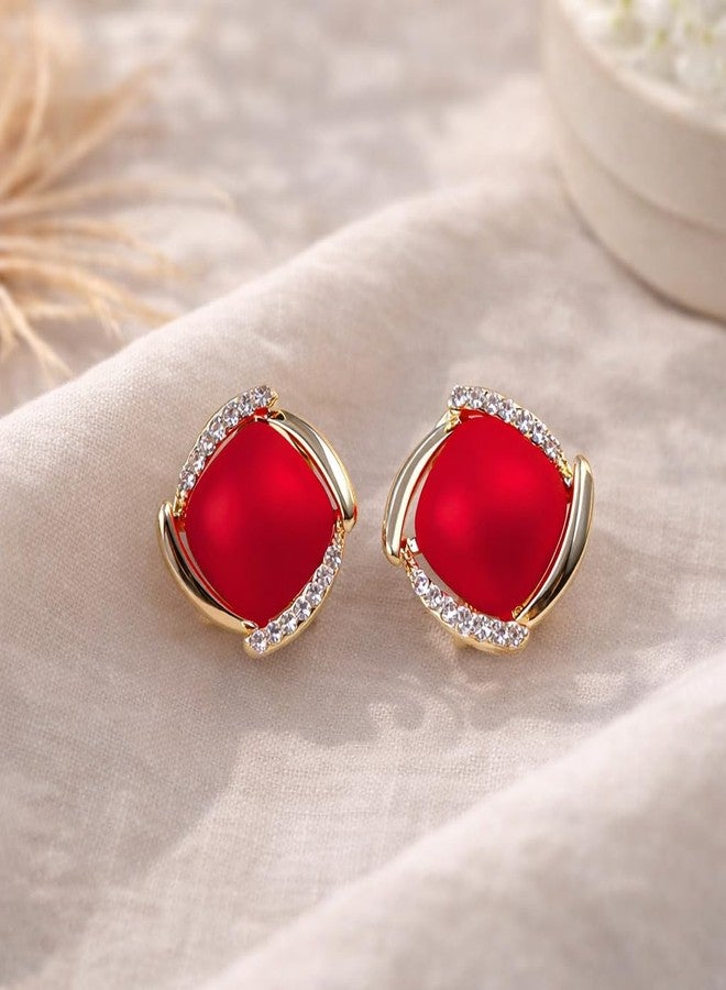 AMAAL Red Crystal Stud Gold Studs Korean Earrings set for Women & Girls | Pearl Moti Earing Western | Stylish Ear Rings Jewellery for woman Accessory | Valentine Gift for Girlfriend couple -273 - Image 4