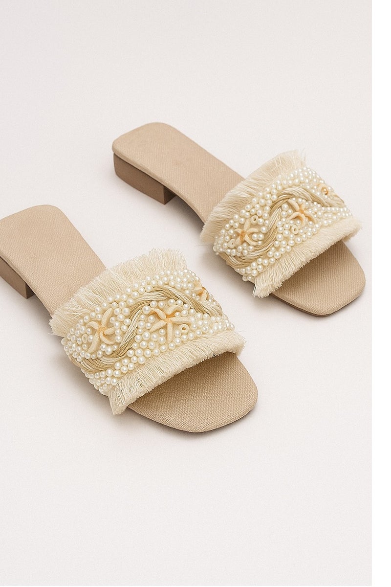 Vbranda Elegant Embellished Slipper Fabric with a 2 cm heel SF-69-BEIGE - Image 1