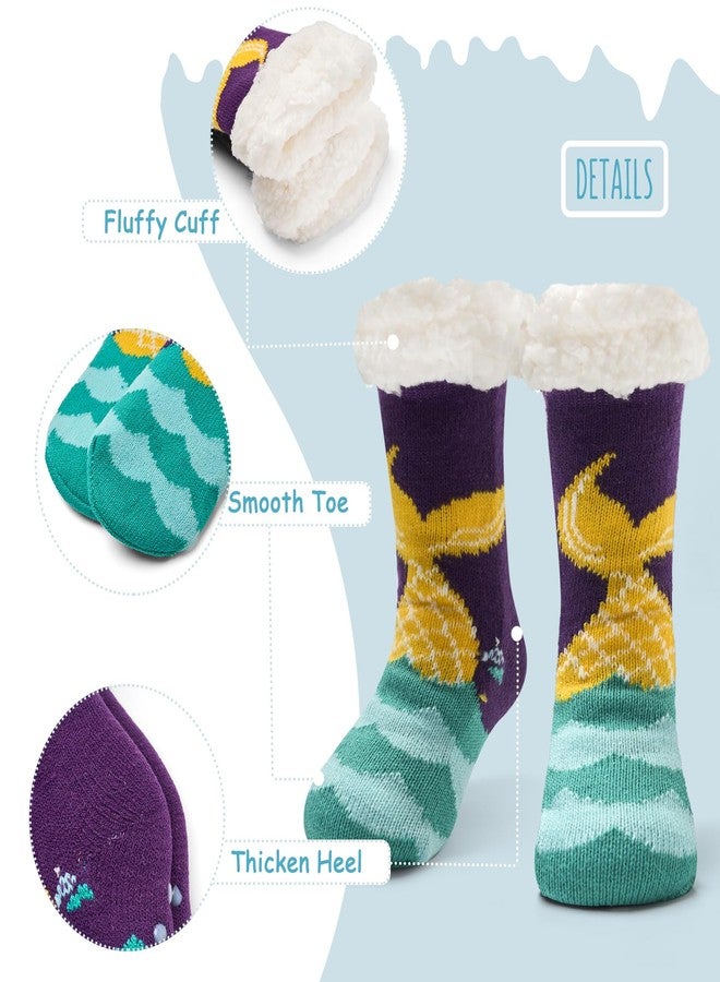 Aisyee Toddler Girls Fuzzy Socks Winter Warm Socks with Grips for Kids Girls Thick Thermal Fluffy Socks for Home 3 Pack Cute Mermaids 2-3T - Image 2