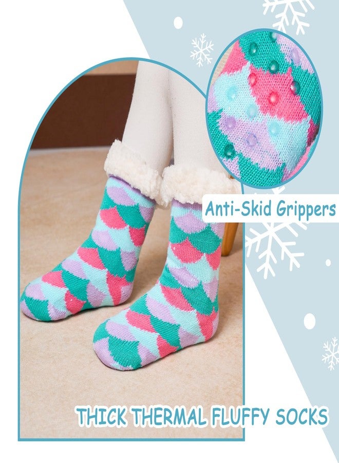 Aisyee Toddler Girls Fuzzy Socks Winter Warm Socks with Grips for Kids Girls Thick Thermal Fluffy Socks for Home 3 Pack Cute Mermaids 2-3T - Image 3