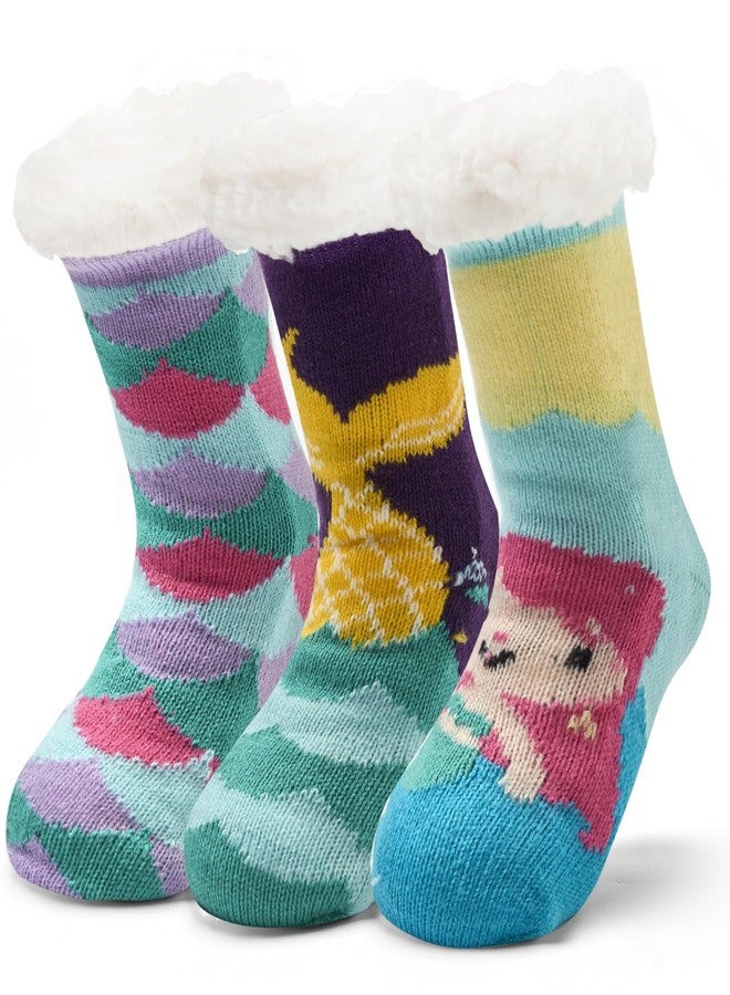 Aisyee Toddler Girls Fuzzy Socks Winter Warm Socks with Grips for Kids Girls Thick Thermal Fluffy Socks for Home 3 Pack Cute Mermaids 2-3T - Image 1