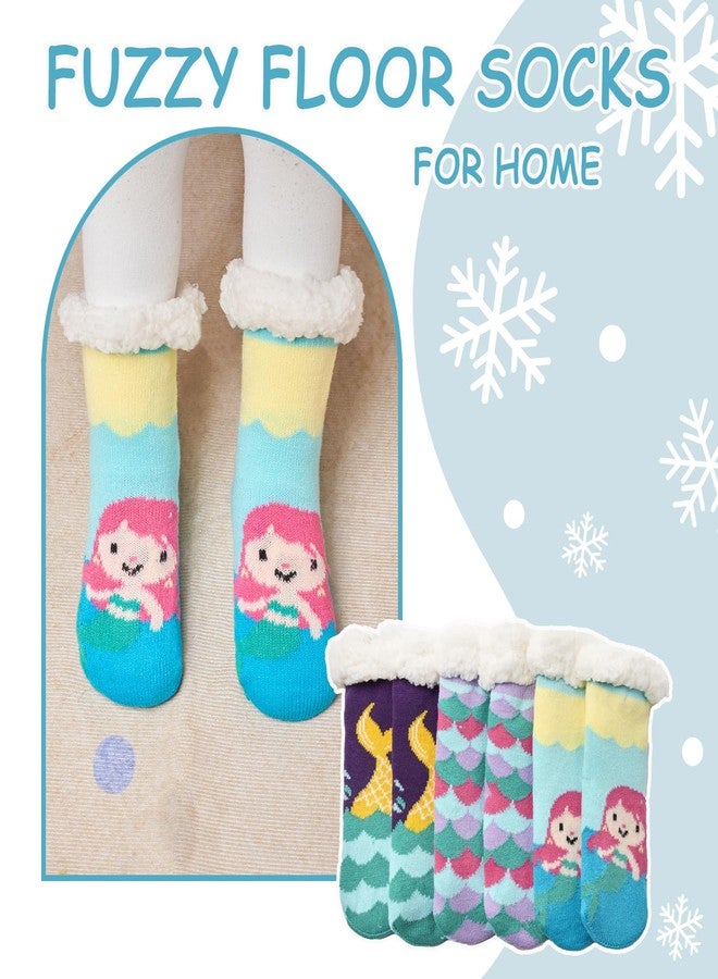 Aisyee Toddler Girls Fuzzy Socks Winter Warm Socks with Grips for Kids Girls Thick Thermal Fluffy Socks for Home 3 Pack Cute Mermaids 2-3T - Image 5