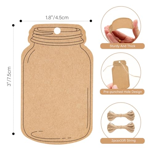 G2PLUS Kraft Paper Gift Tags, Blank Bottle Tag, 100PCS Vintage Mason Jar Tags Canning Labels, Brown Hangtags with Natural Jute Twine for DIY and Craft, Canning Jars and Party Favors - Image 2