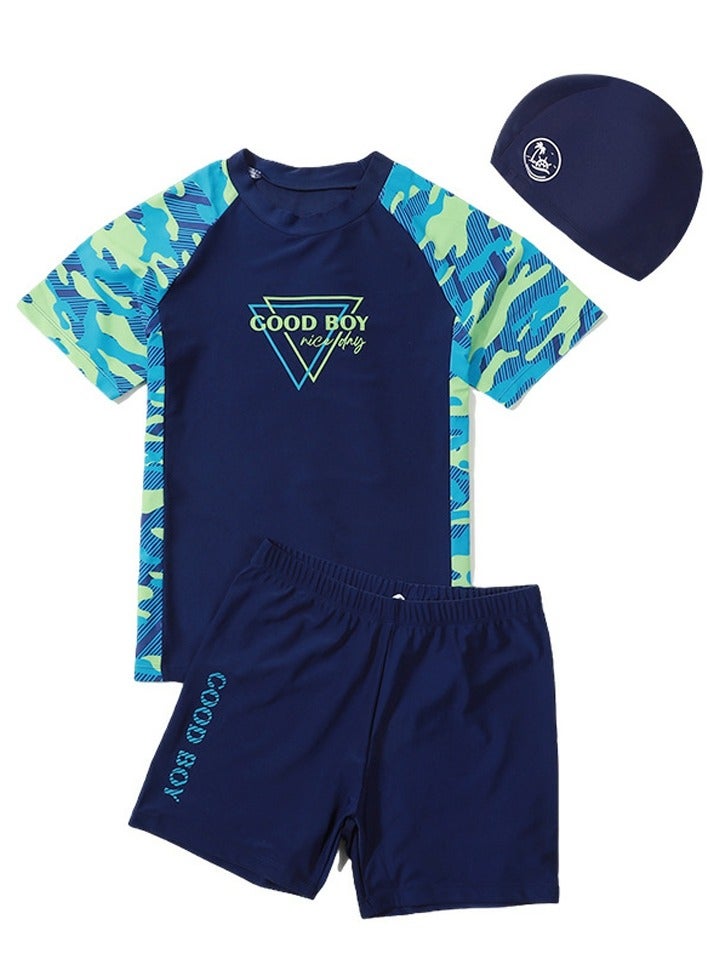 Loquat Boys Camouflage Swimsuits Set Short Sleeve Swim Shirts With Trunks And Swim Cap Quick Dry Swim Set - Image 1