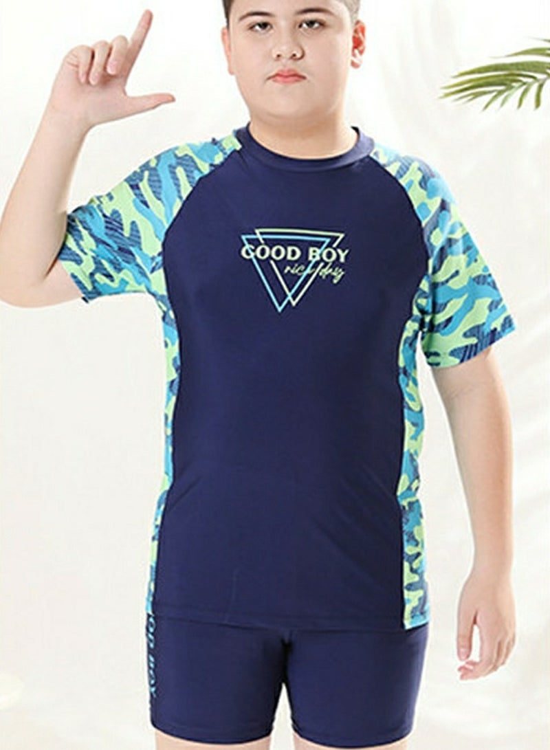 Loquat Boys Camouflage Swimsuits Set Short Sleeve Swim Shirts With Trunks And Swim Cap Quick Dry Swim Set - Image 2