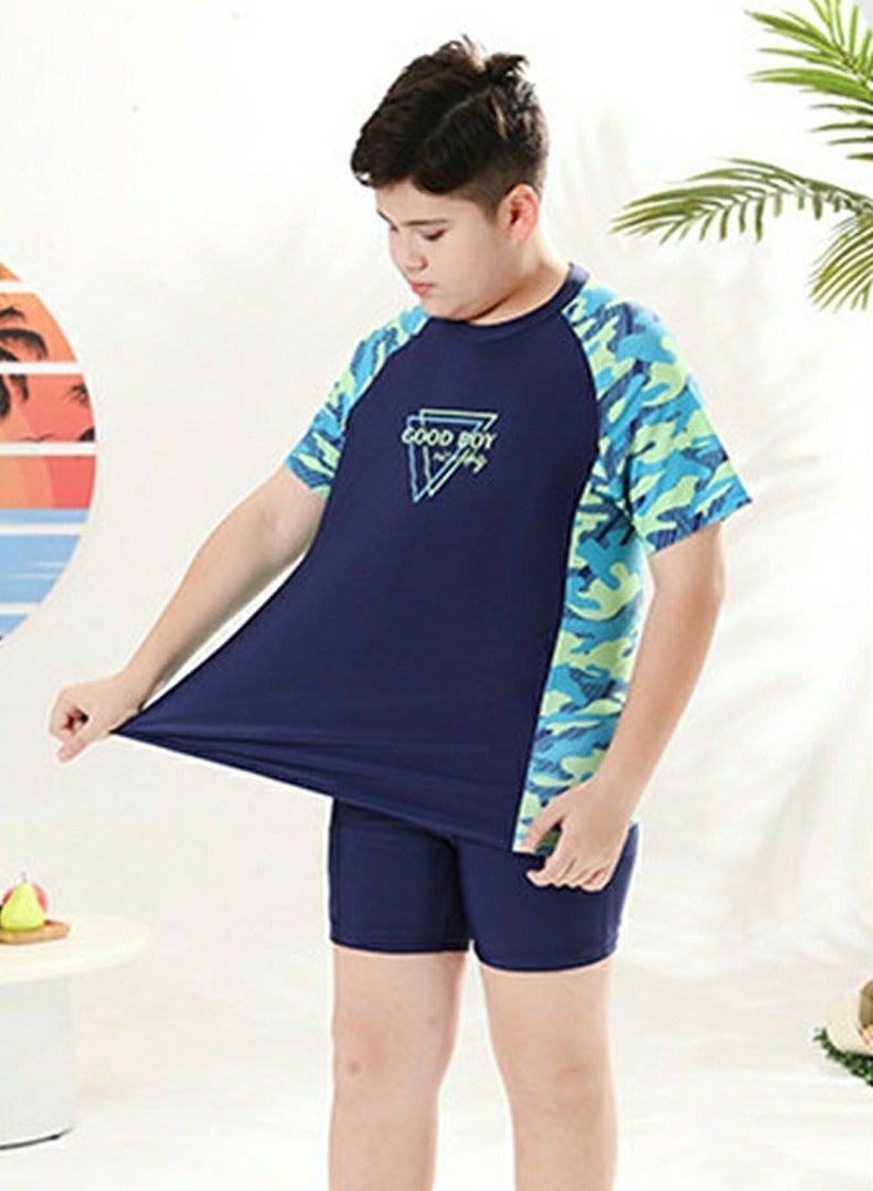 Loquat Boys Camouflage Swimsuits Set Short Sleeve Swim Shirts With Trunks And Swim Cap Quick Dry Swim Set - Image 3