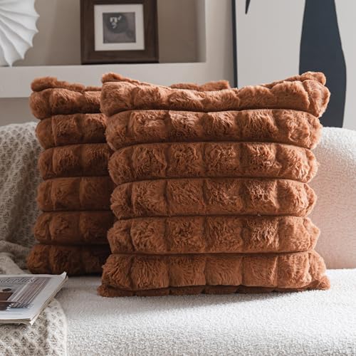 Neelvin Brown Faux Fur Cozy Soft Plaid Decorative Throw Pillow Covers 18x18 inch Set of 2,Velvet Pillowcase Cushion Case for Sofa Couch - Image 1
