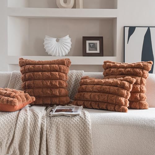 Neelvin Brown Faux Fur Cozy Soft Plaid Decorative Throw Pillow Covers 18x18 inch Set of 2,Velvet Pillowcase Cushion Case for Sofa Couch - Image 4