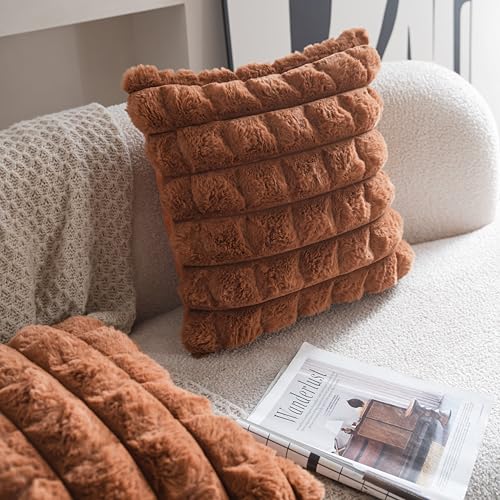 Neelvin Brown Faux Fur Cozy Soft Plaid Decorative Throw Pillow Covers 18x18 inch Set of 2,Velvet Pillowcase Cushion Case for Sofa Couch - Image 2