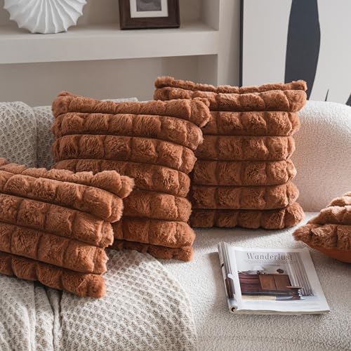 Neelvin Brown Faux Fur Cozy Soft Plaid Decorative Throw Pillow Covers 18x18 inch Set of 2,Velvet Pillowcase Cushion Case for Sofa Couch - Image 3