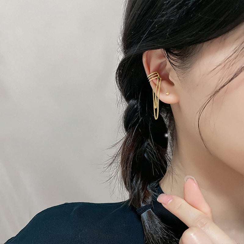 SLUYNZ 925 Sterling Silver No Piercing Cuff Earrings Chain for Women Wrap Earrings Tassel Clip On Ear (Gold Plated) - Image 3