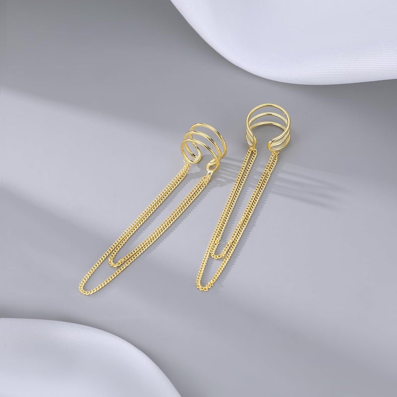 SLUYNZ 925 Sterling Silver No Piercing Cuff Earrings Chain for Women Wrap Earrings Tassel Clip On Ear (Gold Plated) - Image 4