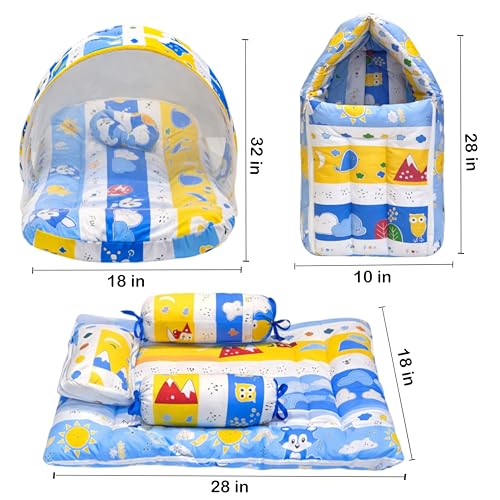 Fareto Combo of Baby Bed with Net | Carry Bag | 4 Pcs Bedding Set (0-6 Months, Baby Size, Cotton) (Blue Fox) - Image 5