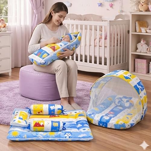 Fareto Combo of Baby Bed with Net | Carry Bag | 4 Pcs Bedding Set (0-6 Months, Baby Size, Cotton) (Blue Fox) - Image 1