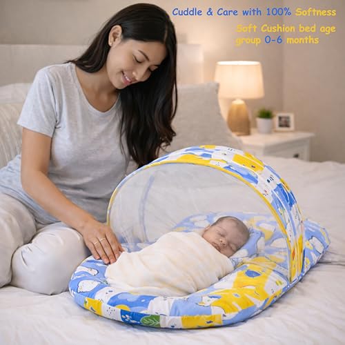Fareto Combo of Baby Bed with Net | Carry Bag | 4 Pcs Bedding Set (0-6 Months, Baby Size, Cotton) (Blue Fox) - Image 2