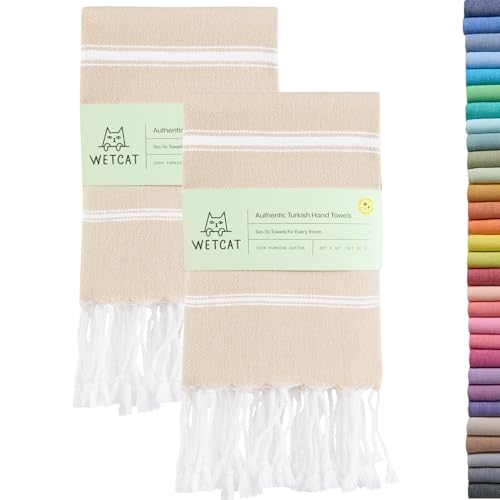 WETCAT Turkish Hand Towels with Hanging Loop, Set of 2 (20" x 30") 100% Turkish Cotton, Pre-Washed, Quick Drying, for Kitchen or Bathroom - Beige - Image 1