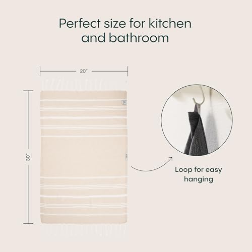 WETCAT Turkish Hand Towels with Hanging Loop, Set of 2 (20" x 30") 100% Turkish Cotton, Pre-Washed, Quick Drying, for Kitchen or Bathroom - Beige - Image 4