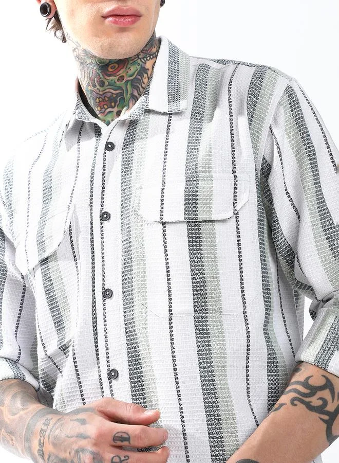 Hubberholme Men Spread Collar Vertical Striped Cotton Textured Double Pocket Casual Shirt