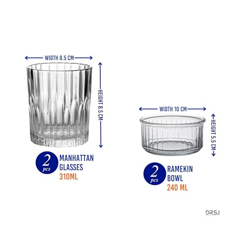 Duralex® Drinking Set of 4 Pieces Includes 2 Clear Whiskey Glass of 310ml Each and 2 Clear Glass Ramekin Bowls of 240ml Each | Ultra Scratch Resistant Tempered Glass - Image 3