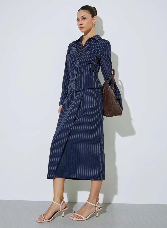 Styli Navy Blue Pinstripe Fitted Shirt