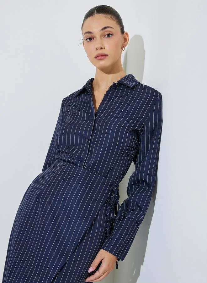 Styli Navy Blue Pinstripe Fitted Shirt