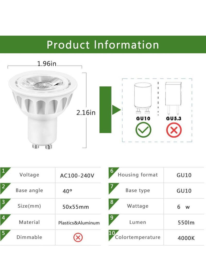 6 Pack GU10 LED Bulbs - Halogen Equivalent, 550lm, 4000K Natural White- 40¬∞ Beam Angle Spotlight, UL Listed, Non-Dimmable - Image 3