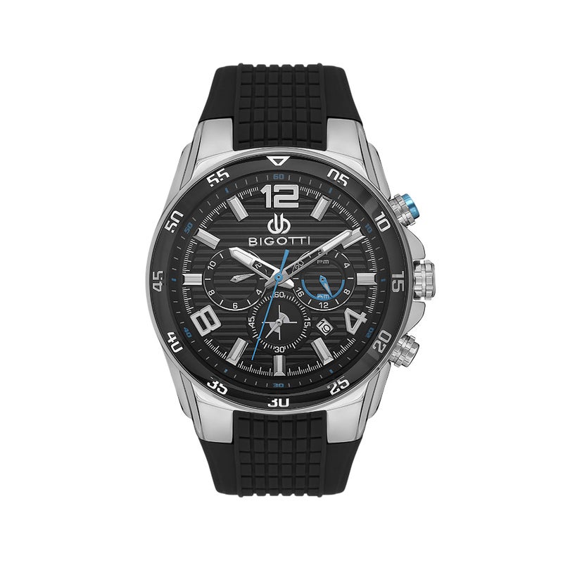Bigotti Raffinato Black Silicone Band Watch for Men BG.1.10552-1 - Black Emboss Dial with Stone, 46mm Case, Japanese Quartz, Date Display, 50M Water Resistant, Mineral Glass - Image 1