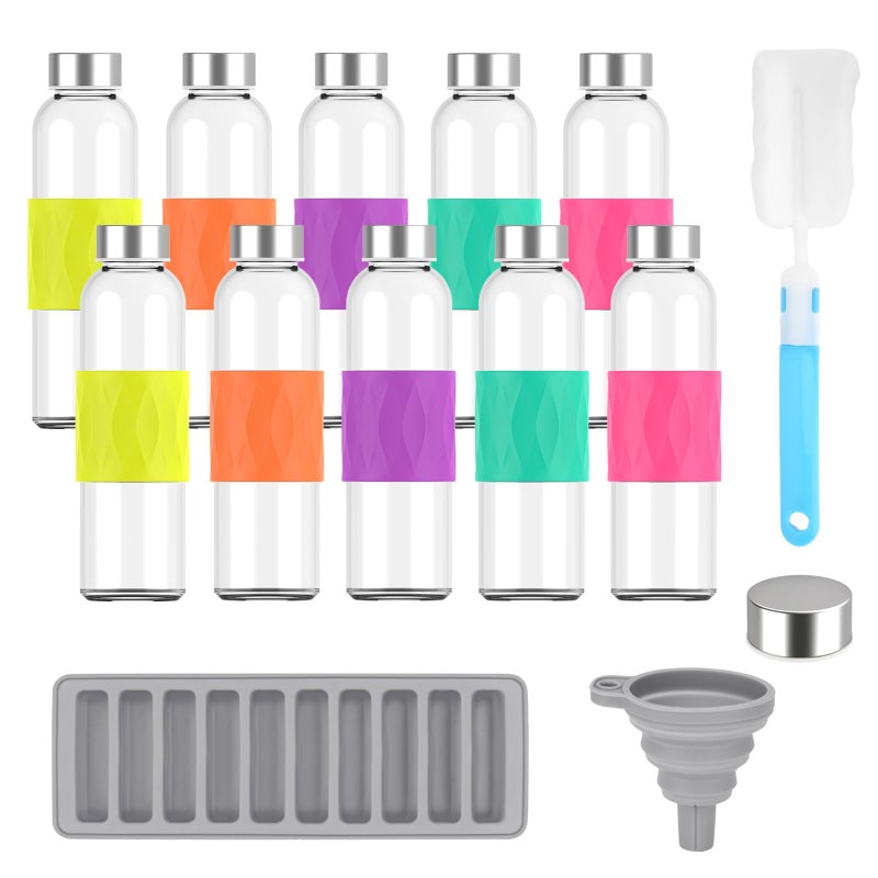 Zukro Clear Glass Water Bottles with Silicone Sleeve and Lids 18 oz  Reusable Glass Juice Bottles with Stainless Steel Airtight Cap for Juicing  Leak Proof Drinking Bottles  BPA Free  Set of 10 - Image 1