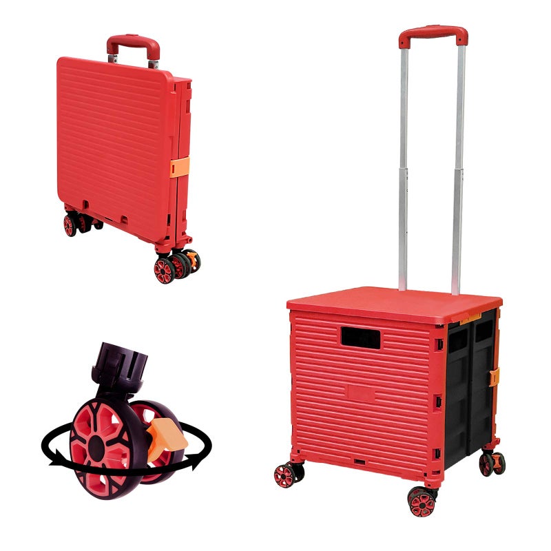 FELICON FELICON SELORSS Foldable Utility Cart Folding Portable Rolling Crate Handcart with Durable Heavy Duty Plastic Telescoping Handle Collapsible 4 Rotate Wheels for Travel Shop Move Luggage Office Red 