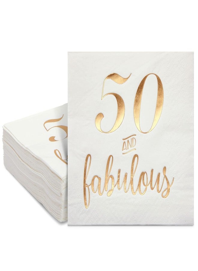 BLUE PANDA 50th Birthday Napkins for Women - 5 x 5 in, White, 3-Ply, Pack of 50 - Gold Foil 50 & Fabulous Design, Cocktail Napkins, Absorbent Party Tableware - Image 1