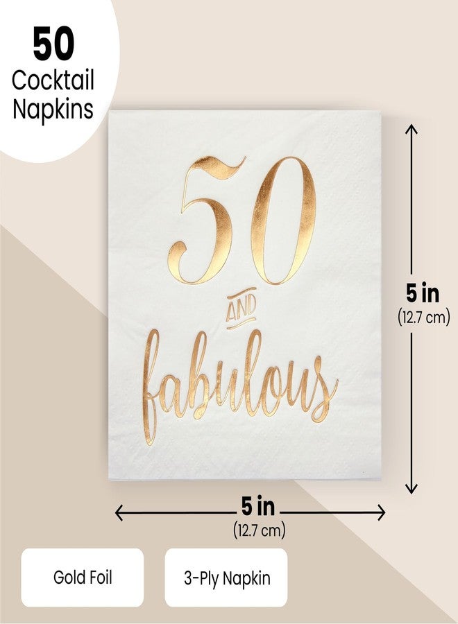 BLUE PANDA 50th Birthday Napkins for Women - 5 x 5 in, White, 3-Ply, Pack of 50 - Gold Foil 50 & Fabulous Design, Cocktail Napkins, Absorbent Party Tableware - Image 3