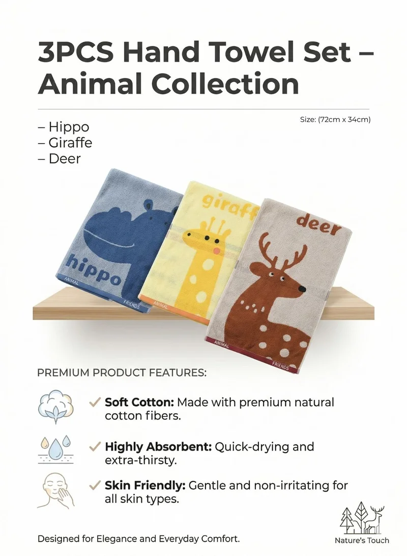 1Chase Safari Animals Collection Kids Hand Towel Set 3PCS – 100% Cotton Soft & Absorbent Face Towels, Hippo Giraffe Deer Animal Design Towels for Kids, Baby & Daily Use  | Best Price UAE